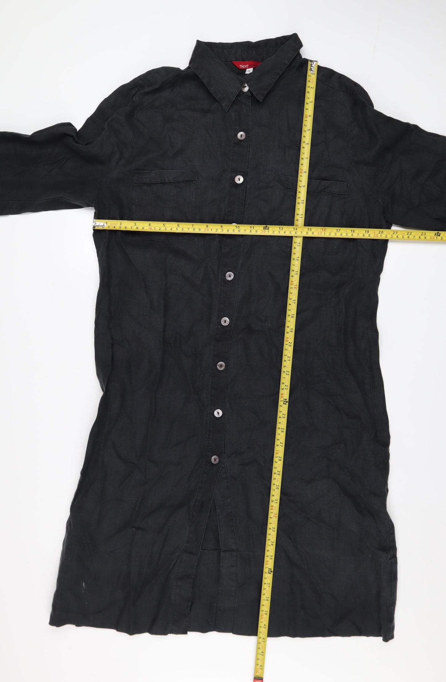 Trent Resort Women Black Linen Shirt Dress Size 16 Collared Knee Length