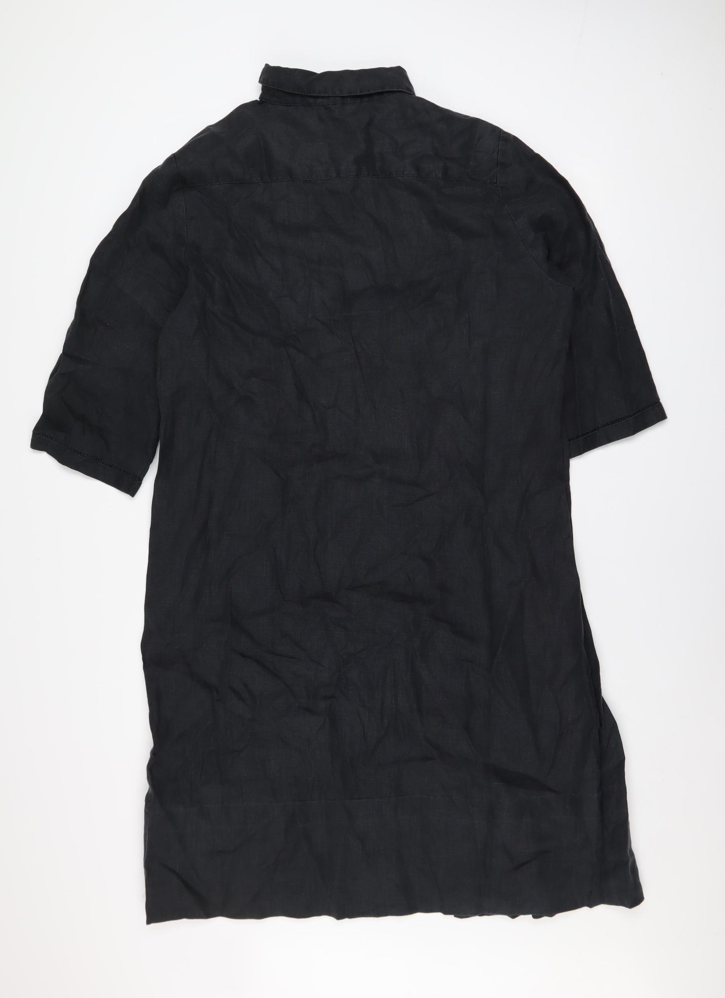 Trent Resort Women Black Linen Shirt Dress Size 16 Collared Knee Length