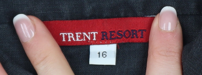 Trent Resort Women Black Linen Shirt Dress Size 16 Collared Knee Length
