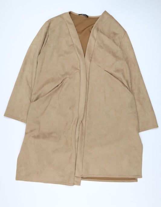 Nicole Collection Women Beige Longline Coatigan XL Open Front Suede Look