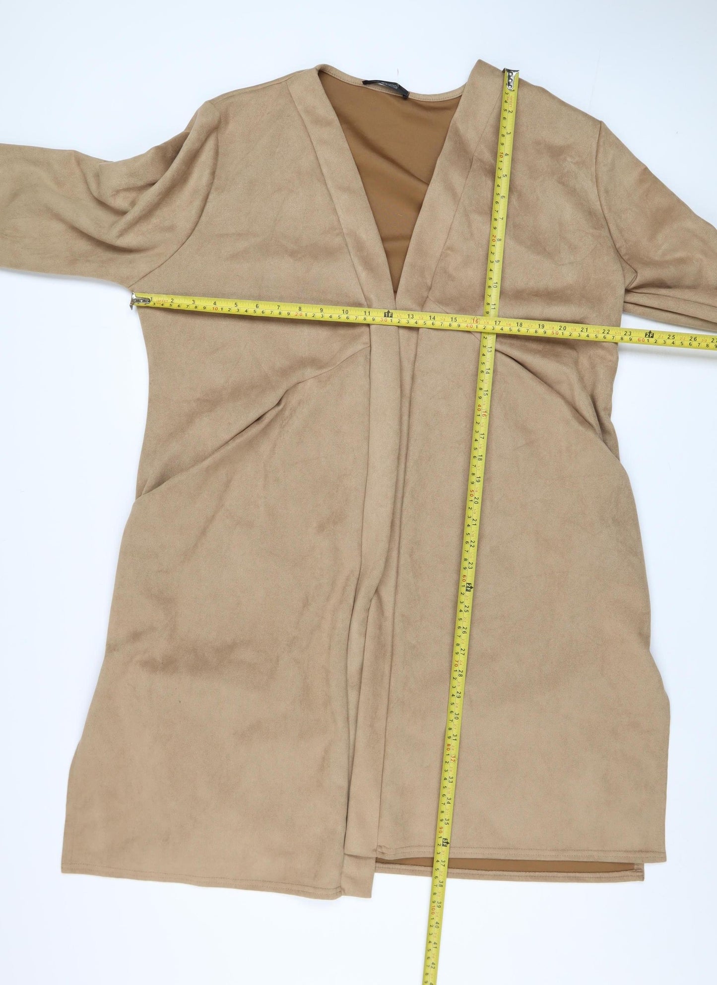 Nicole Collection Women Beige Longline Coatigan XL Open Front Suede Look