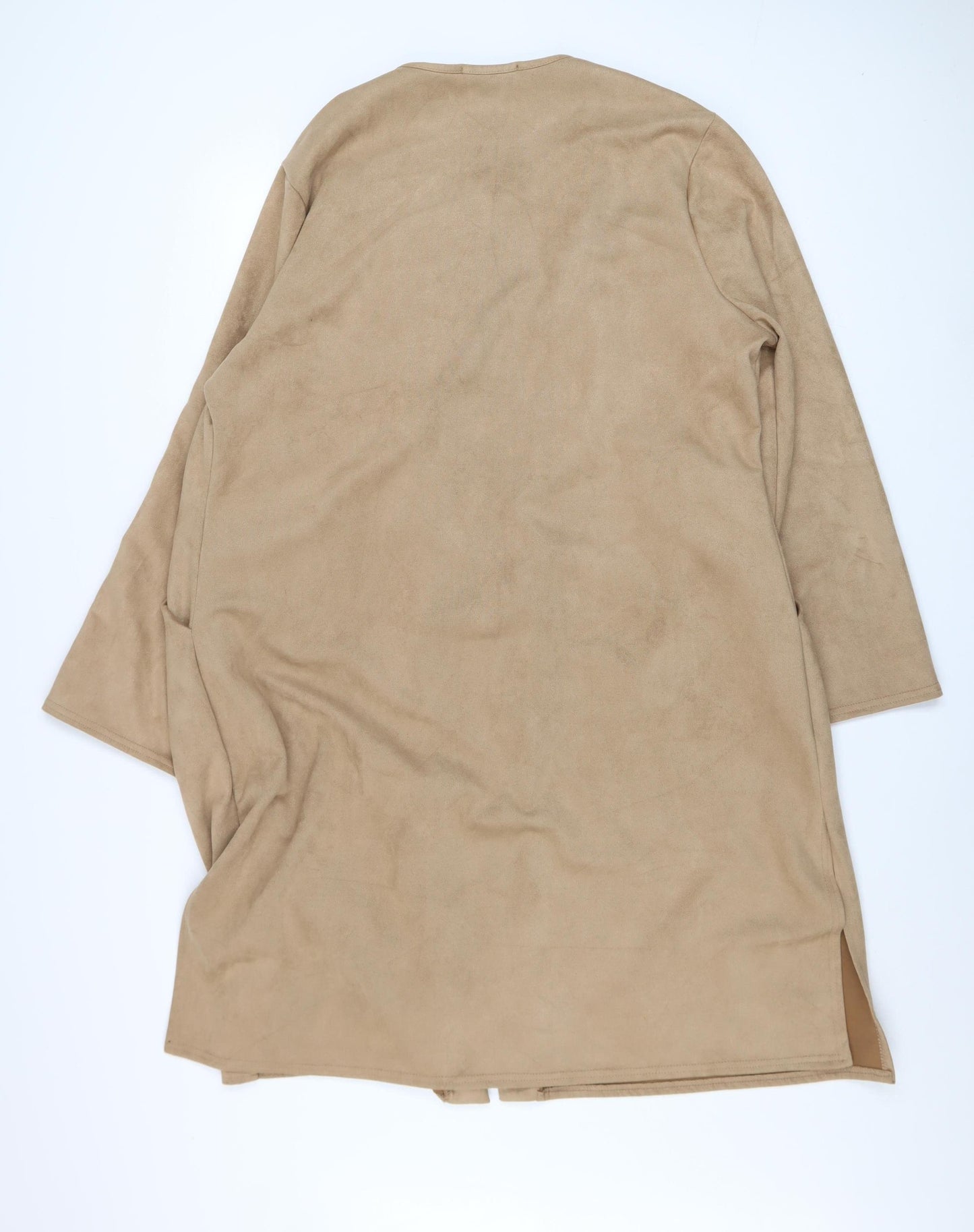 Nicole Collection Women Beige Longline Coatigan XL Open Front Suede Look