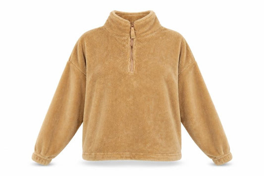 Front view of Bluenotes Women’s Beige Fleece Pullover 1/4 Zip Sweatshirt, size S