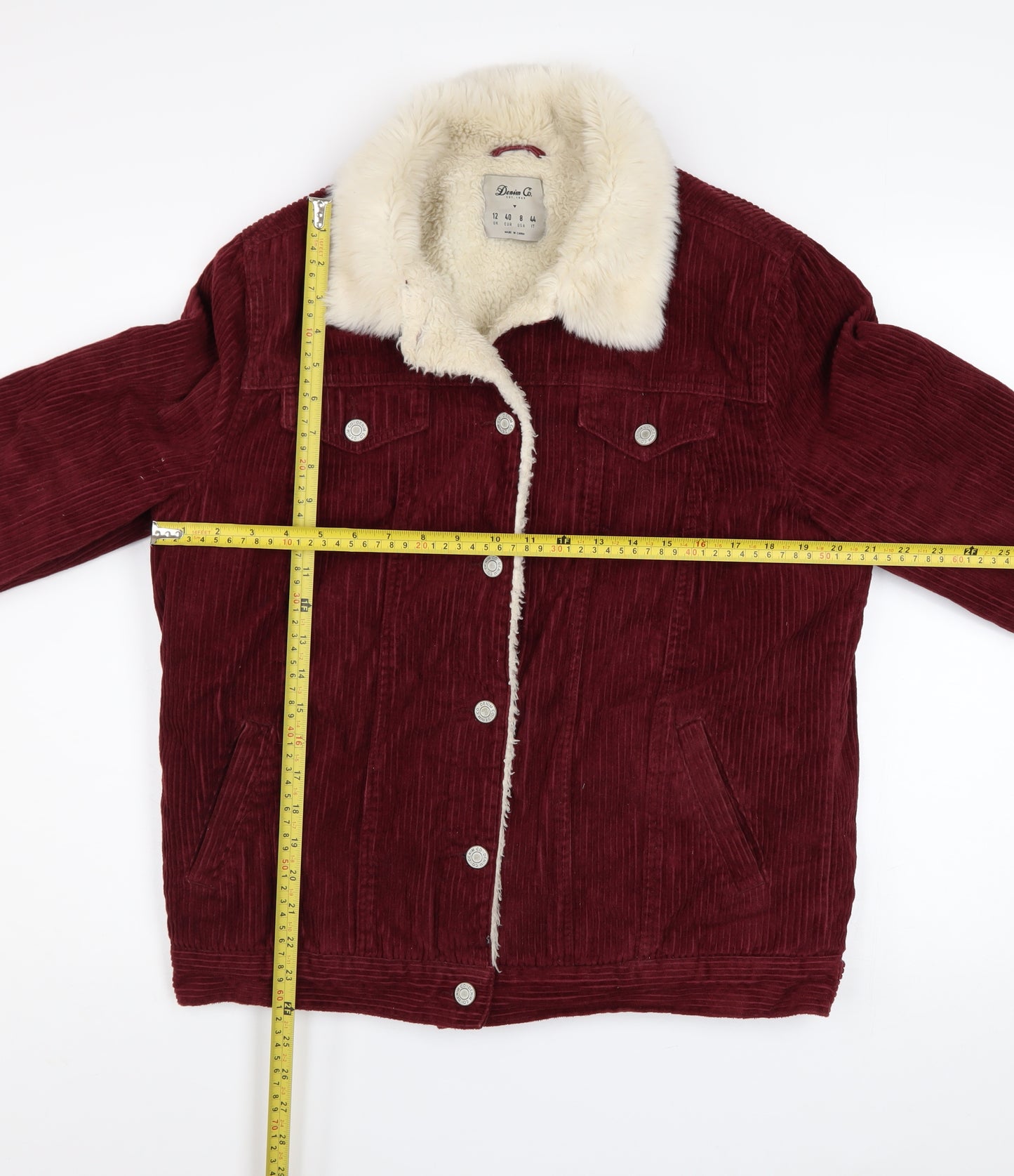 Denim Co Women Burgundy Corduroy Faux Fur Collar Jacket Size 12