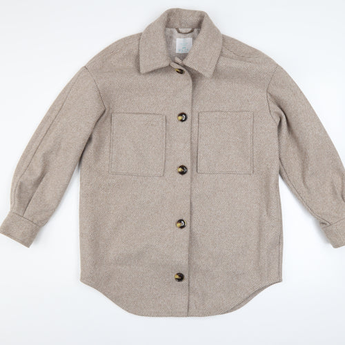 Primark Women Beige Herringbone Wool Blend Shacket Jacket 2XS