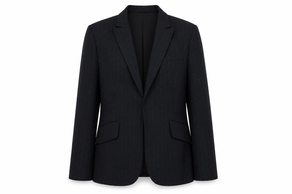 Front view of Marks & Spencer Women’s Black Pinstripe Blazer, size UK 12, Wool Blend