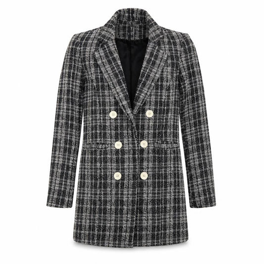 Front view of New Look Women’s Grey Check Double Breasted Tweed Blazer UK 8
