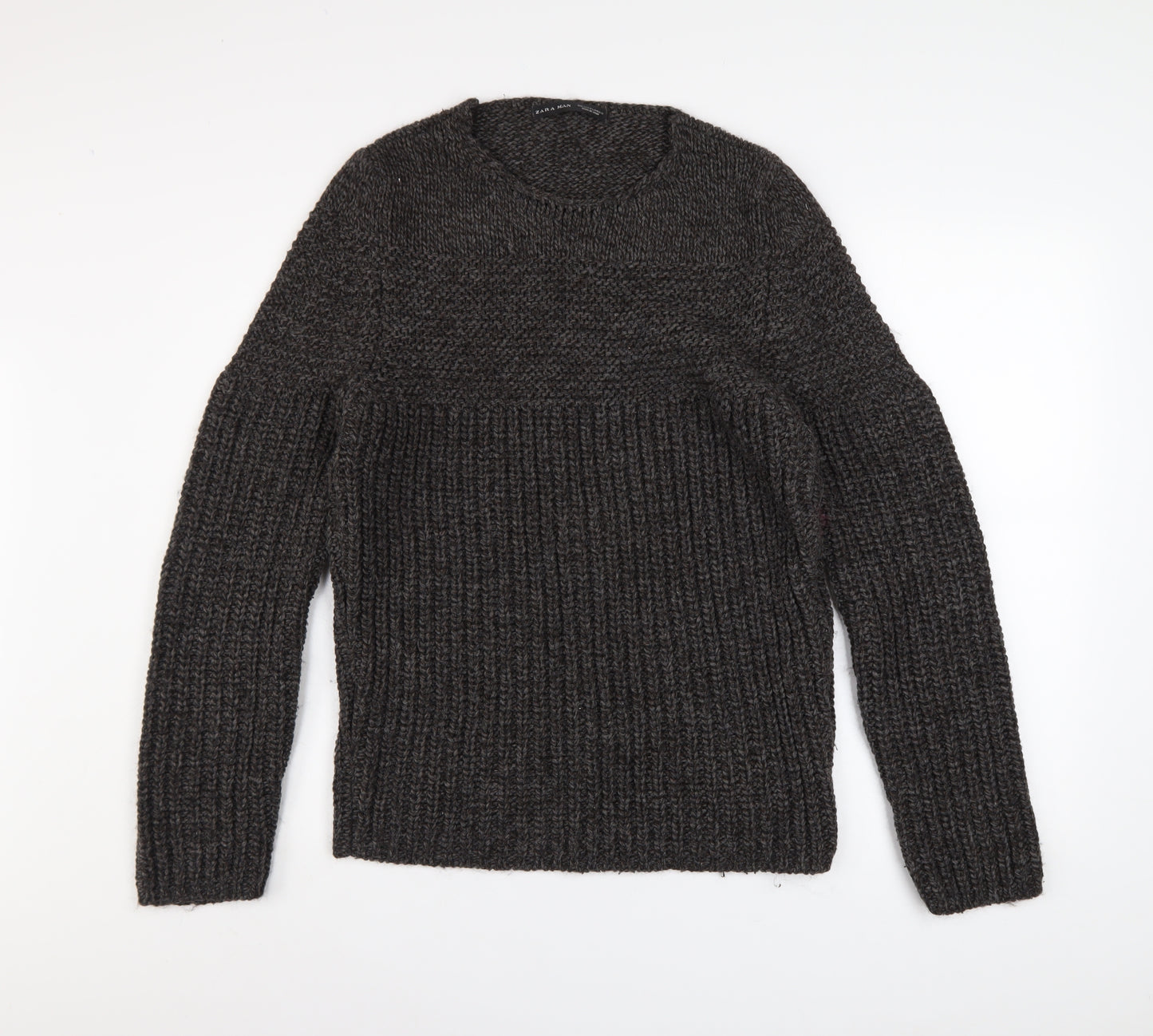 Zara Man Mens Grey Chunky-Knit Crew Neck Pullover Jumper Size L