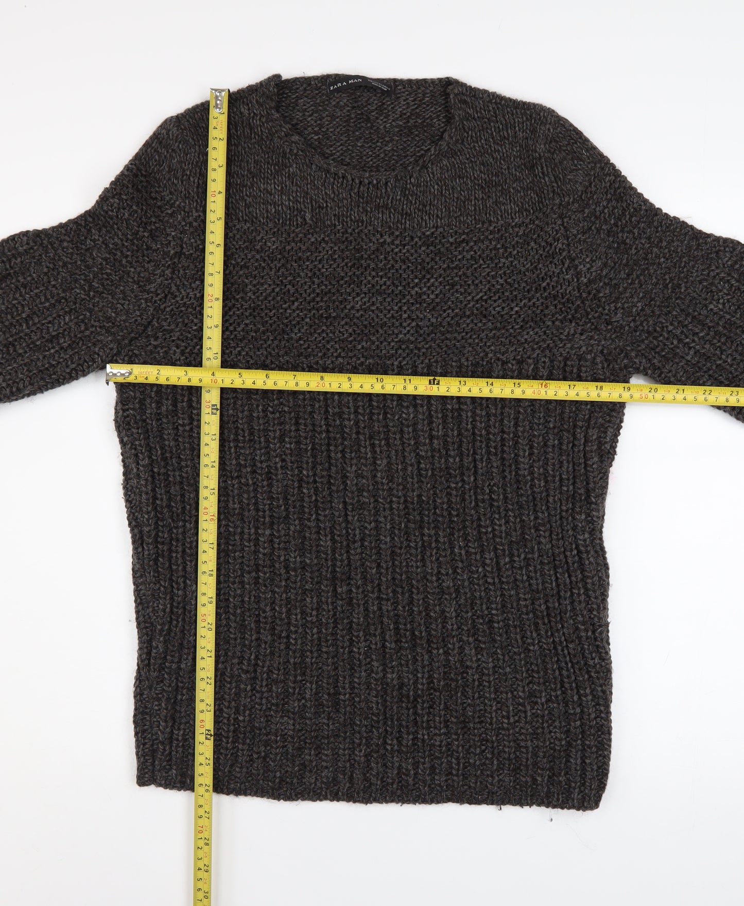 Zara Man Mens Grey Chunky-Knit Crew Neck Pullover Jumper Size L