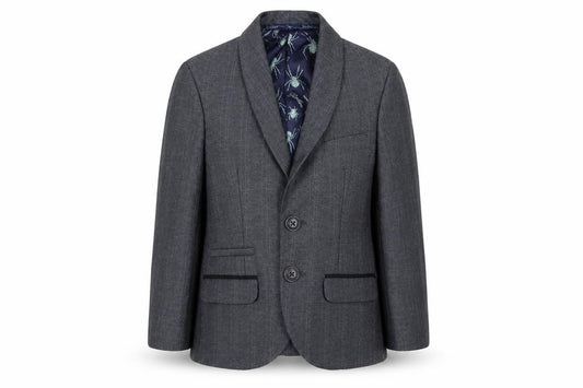 Front view of Baker by Ted Baker boys’ grey shawl lapel blazer age 4 formal jacket