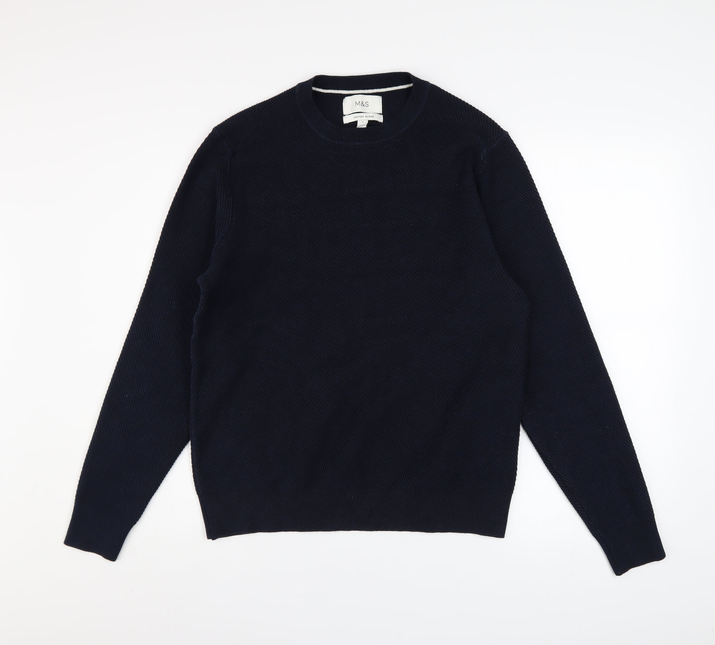 Marks and Spencer Men's Blue Cotton Blend Crew Neck Jumper Size S