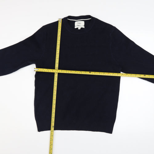 Marks and Spencer Men's Blue Cotton Blend Crew Neck Jumper Size S