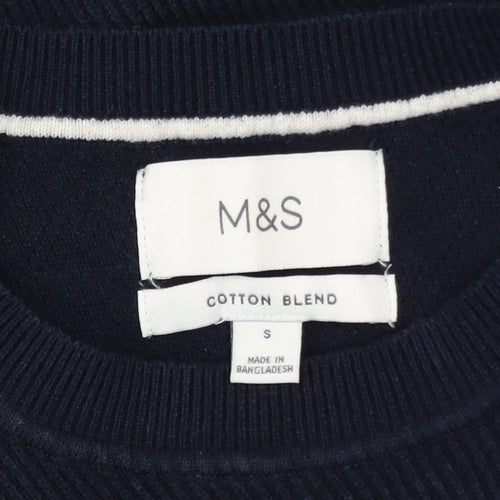 Marks and Spencer Men's Blue Cotton Blend Crew Neck Jumper Size S