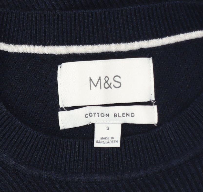 Marks and Spencer Men's Blue Cotton Blend Crew Neck Jumper Size S