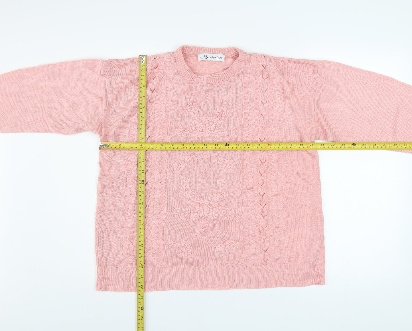 Berkertex Women's Pink Acrylic Cable Knit Jumper Size L