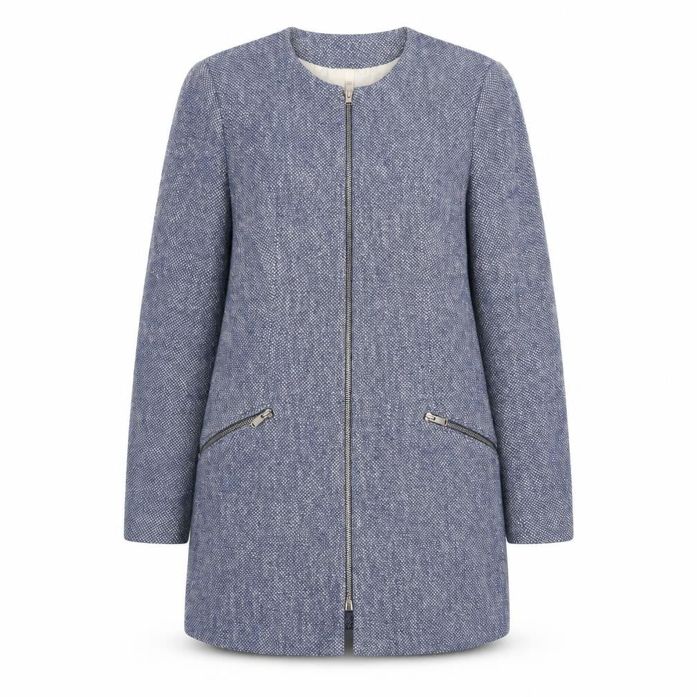 Front view of Zara Blue Tweed Women's Mid-Length Zip Coat, size 14
