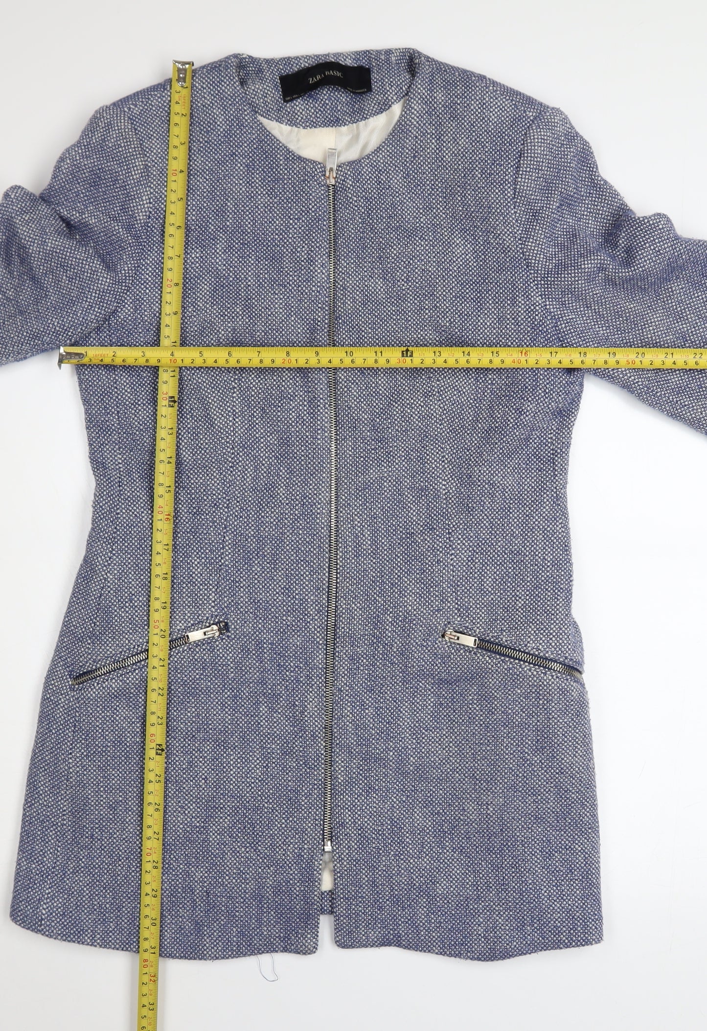 Zara Blue Tweed Women's Mid-Length Zip Coat Size 14