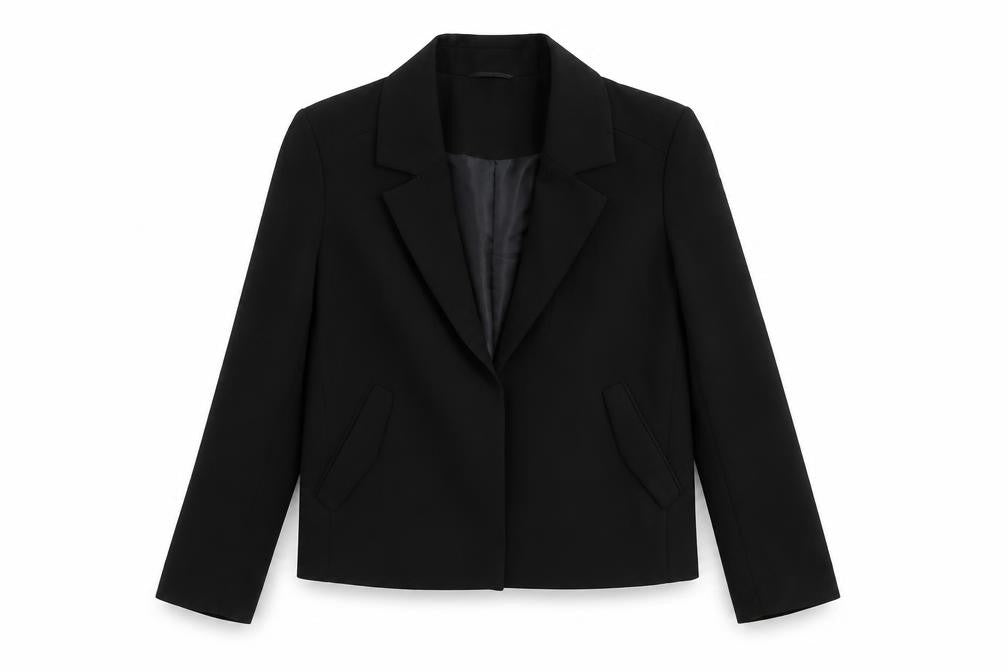 Front view of Next women’s black blazer jacket, size UK 6, regular single breasted