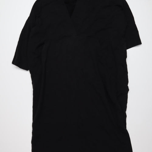 WALL Women Black Shift Dress S V-Neck Short Sleeve Cotton Stretch