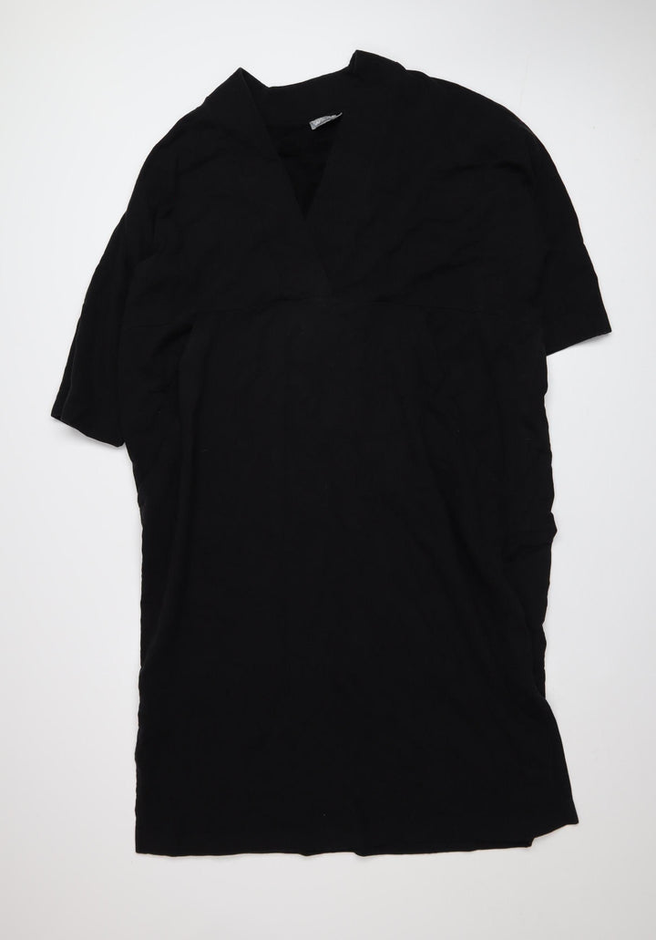 WALL Women Black Shift Dress S V-Neck Short Sleeve Cotton Stretch