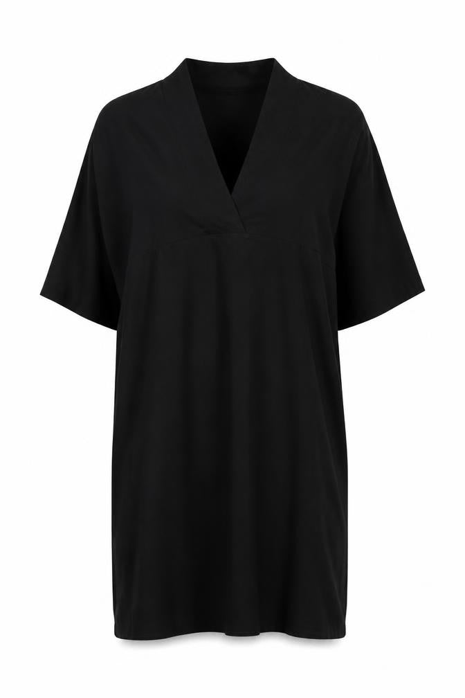 WALL Women Black Shift Dress S V-Neck Short Sleeve Cotton Stretch