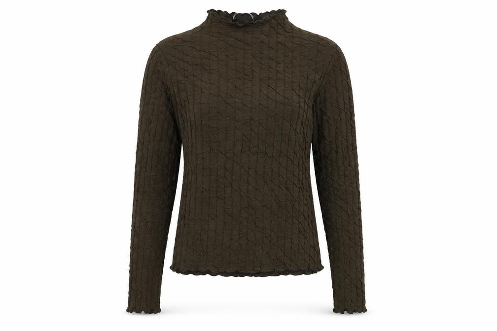 Front view of Mango women’s green long sleeve mock neck stretch top, size M