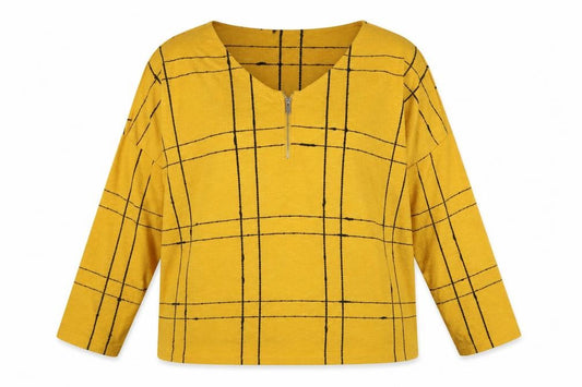 Front view of Bonmarché Women’s Yellow Check Zip V-Neck Jumper, size UK 22