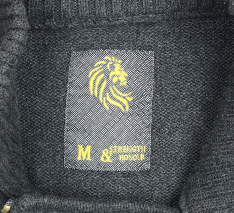 Strength & Honour Men's Black M Cotton Collared Full Zip Cardigan