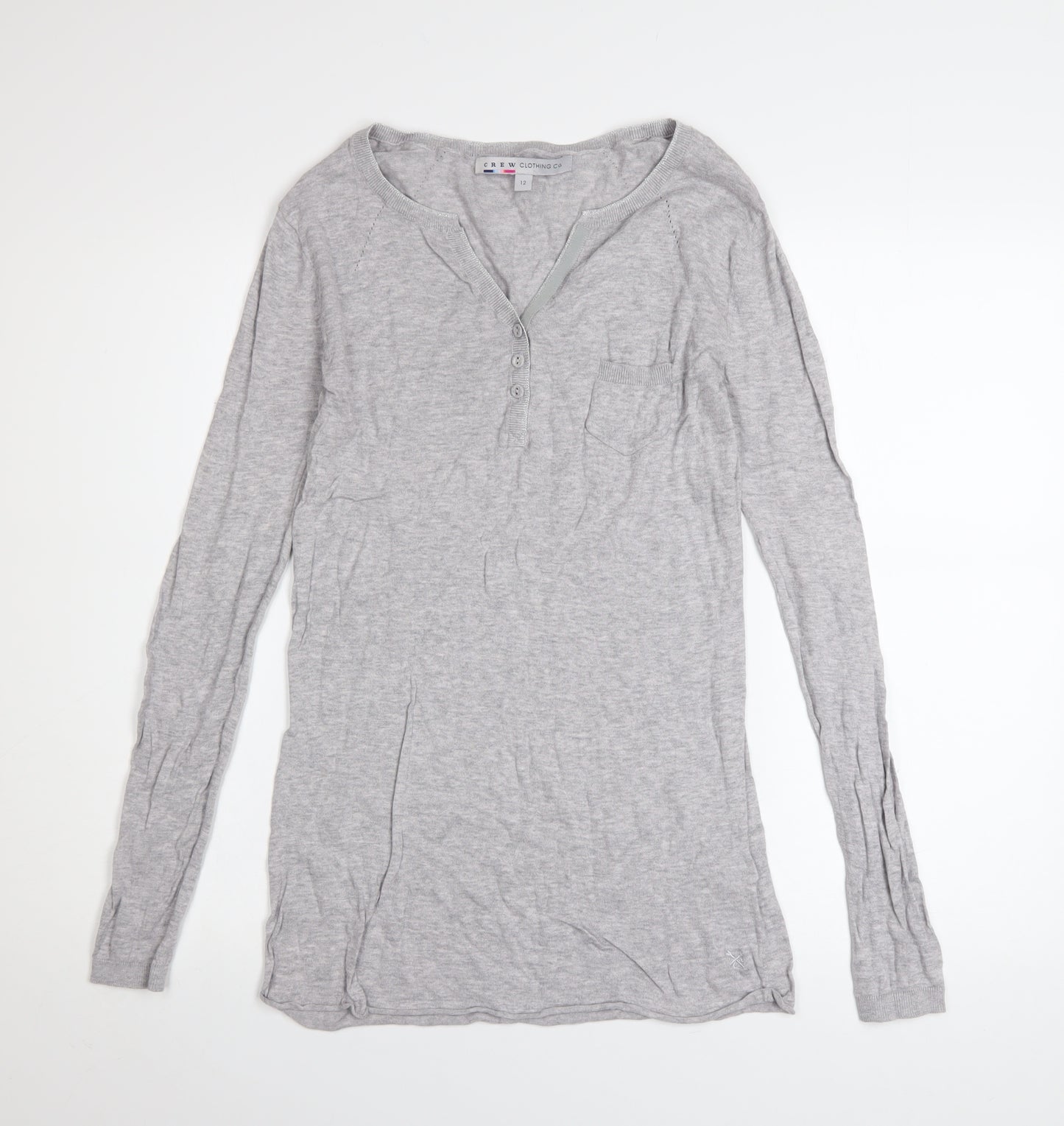 Crew Clothing Co. Women's Grey Long Sleeve Henley Cotton T-Shirt Size 12