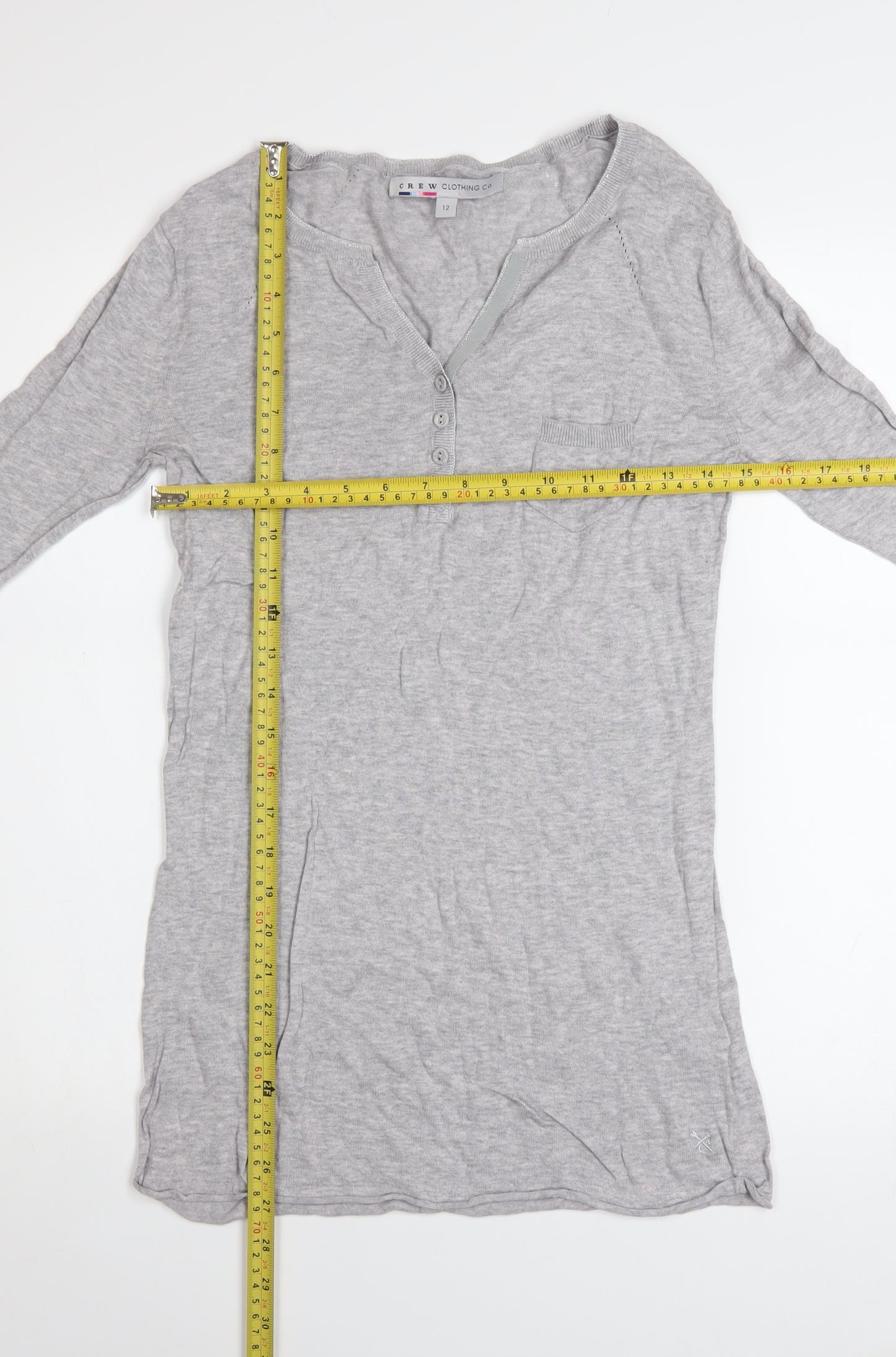 Crew Clothing Co. Women's Grey Long Sleeve Henley Cotton T-Shirt Size 12