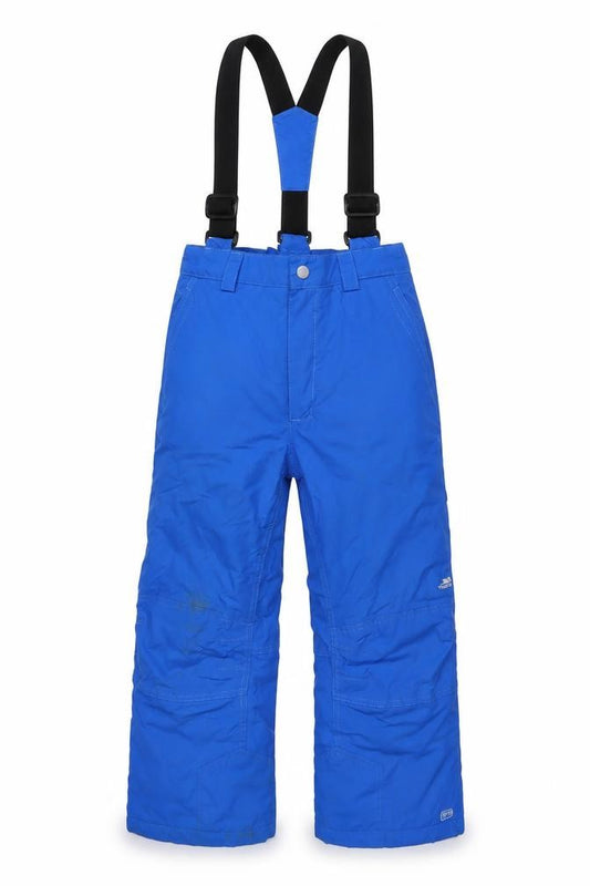 Front view of Trespass boys’ blue 5 years snow pants waterproof winter trousers
