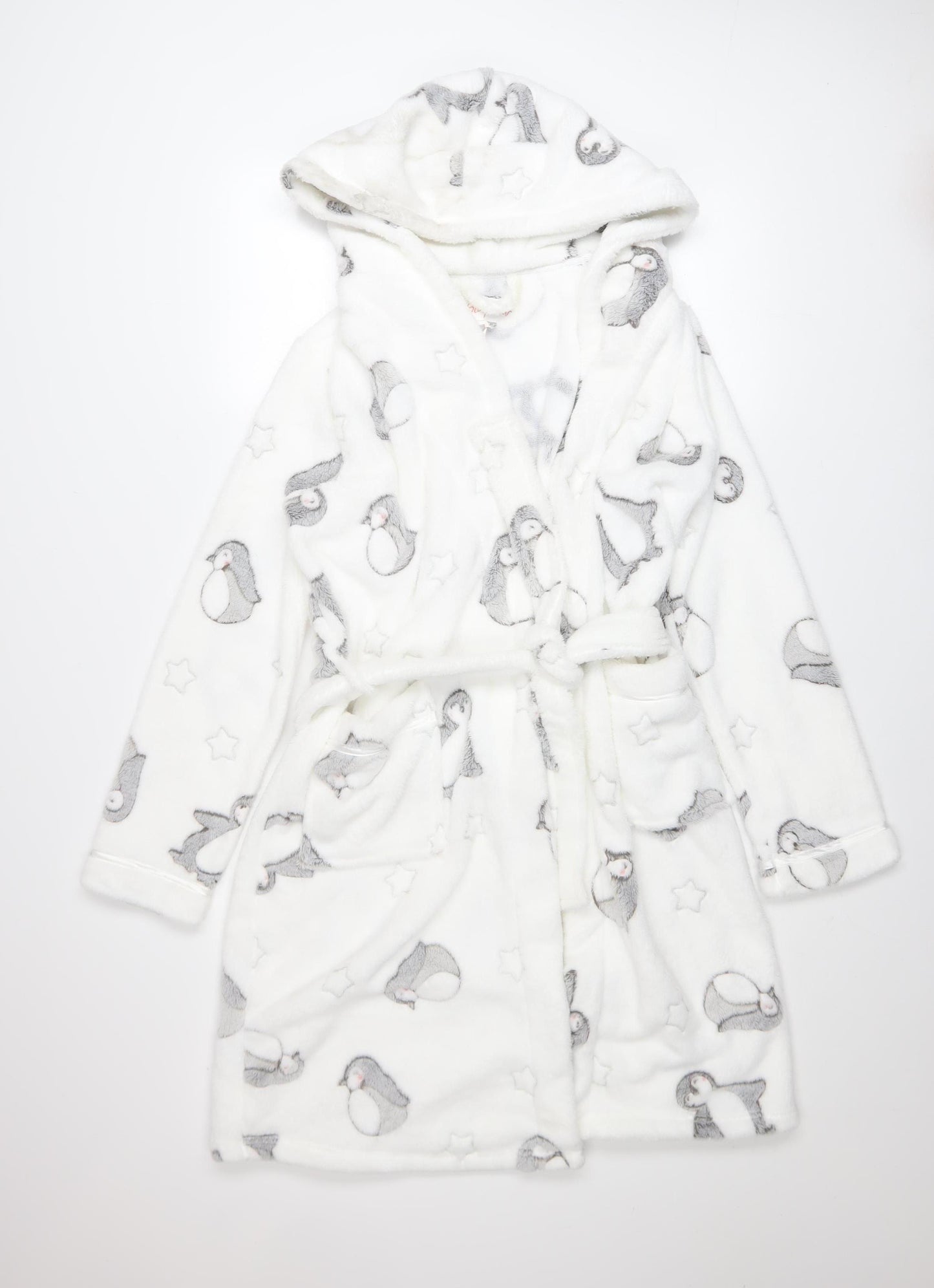 Tu Women White Penguin Fleece Hooded Robe M