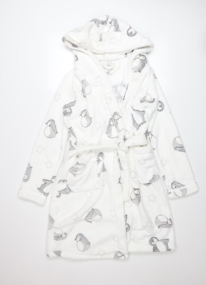 Tu Women White Penguin Fleece Hooded Robe M