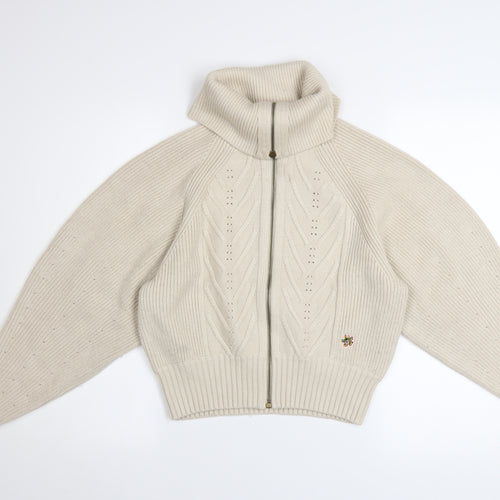 Ted Baker Women's Beige Roll Neck Full Zip Ribbed Knit Jumper XS