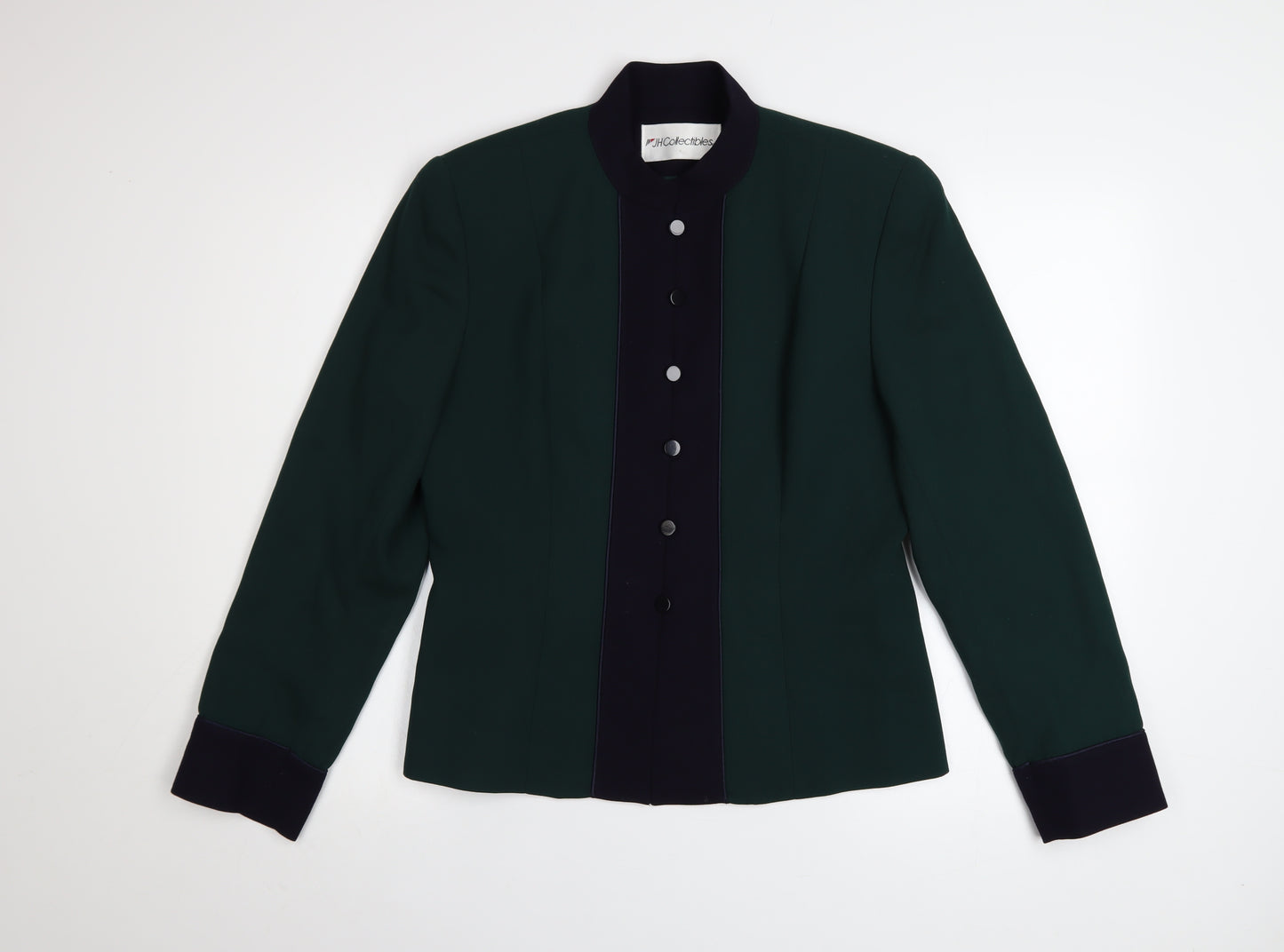 JH Collectibles Women's Green Wool Blazer Size 12 Classic Buttoned Long Sleeve