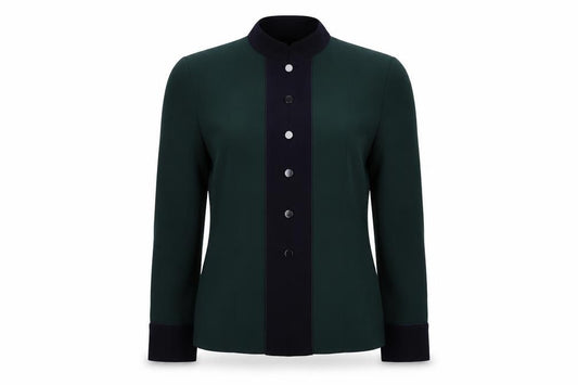 Front view of JH Collectibles Women's Green Wool Blazer, size 12, Classic Buttoned Long Sleeve