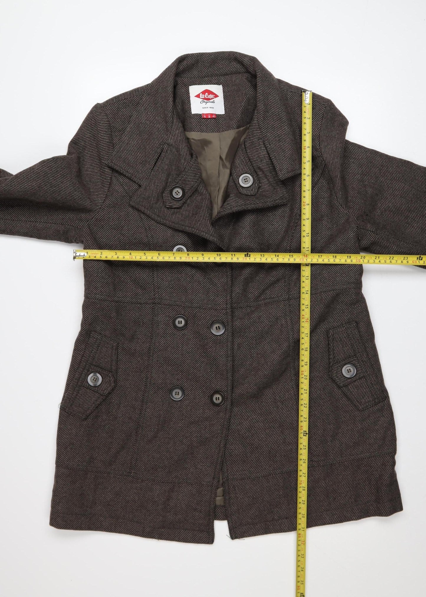 Lee Cooper Women’s Brown Wool Blend Pea Coat Size 14 Classic Mid-Length