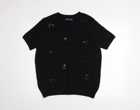Marks and Spencer Women's Black Sequin Cotton Short Sleeve T-Shirt Size 16