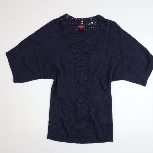 Monsoon Women's Blue Crochet Knit V-Neck Short Sleeve Jumper Size S