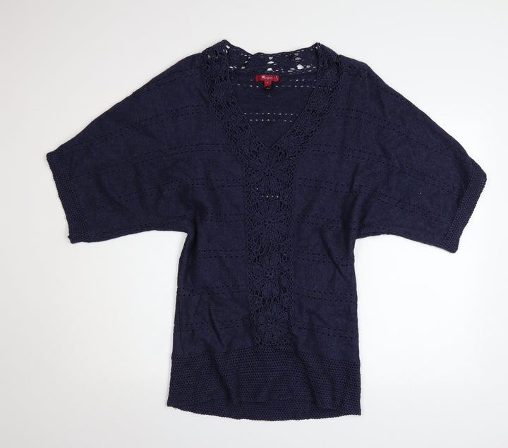 Monsoon Women's Blue Crochet Knit V-Neck Short Sleeve Jumper Size S