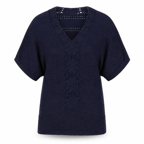 Monsoon Women's Blue Crochet Knit V-Neck Short Sleeve Jumper Size S
