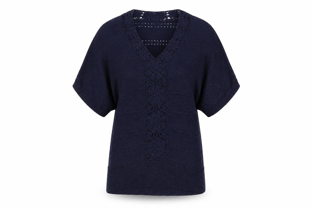 Monsoon Women's Blue Crochet Knit V-Neck Short Sleeve Jumper Size S