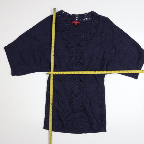 Monsoon Women's Blue Crochet Knit V-Neck Short Sleeve Jumper Size S