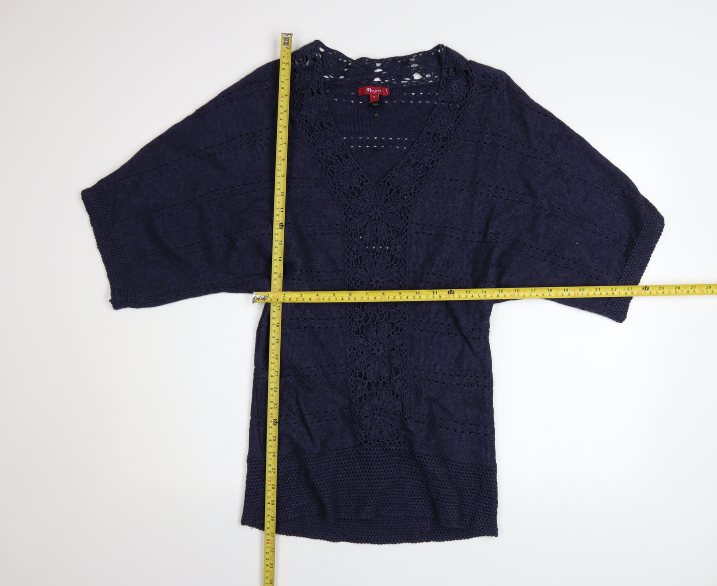 Monsoon Women's Blue Crochet Knit V-Neck Short Sleeve Jumper Size S