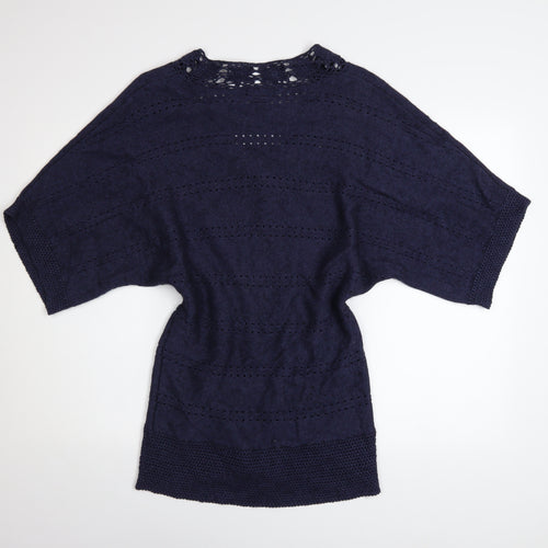Monsoon Women's Blue Crochet Knit V-Neck Short Sleeve Jumper Size S