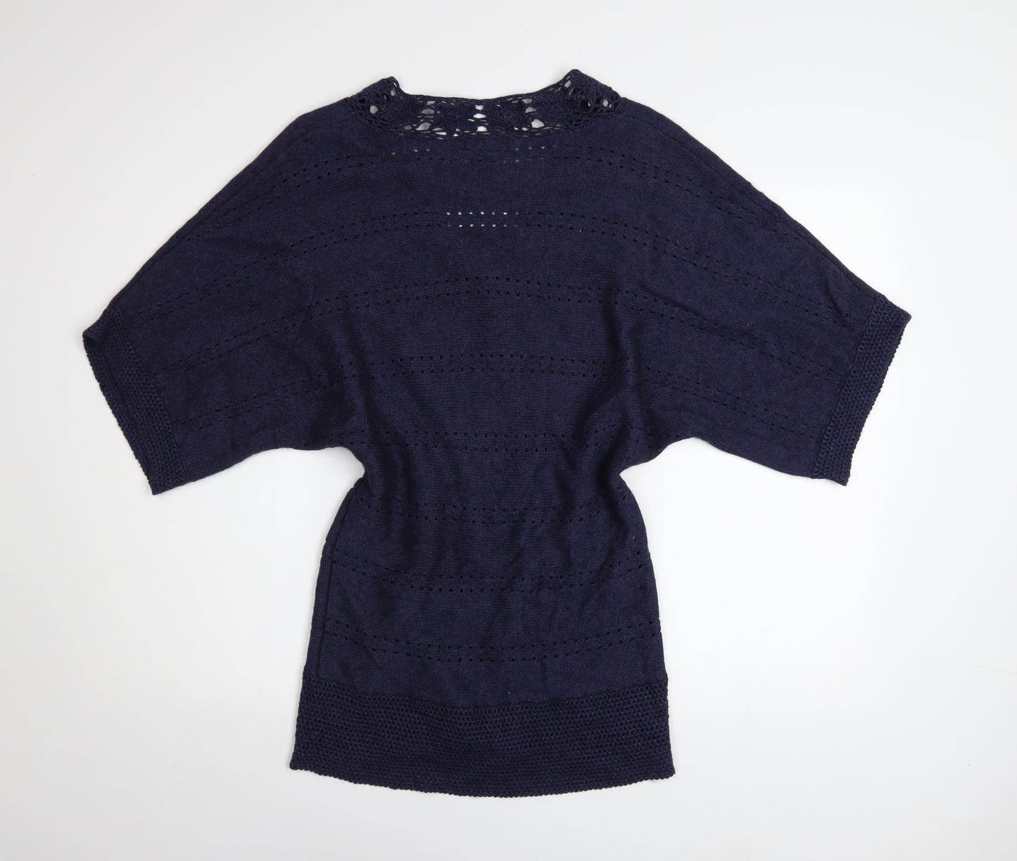 Monsoon Women's Blue Crochet Knit V-Neck Short Sleeve Jumper Size S
