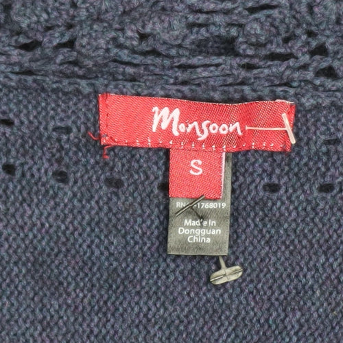 Monsoon Women's Blue Crochet Knit V-Neck Short Sleeve Jumper Size S