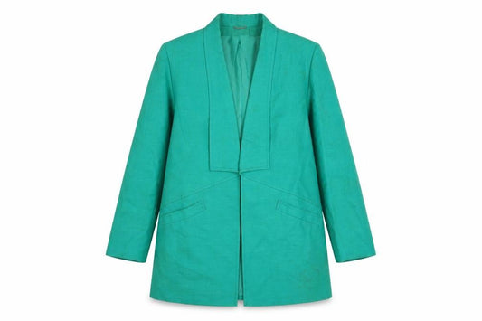 Front view of Julius women’s green linen mid-length blazer jacket, size UK 12