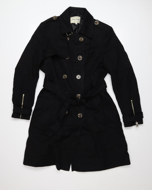 River Island Womens Black Cotton Trench Coat Size 14 Belted Classic Style