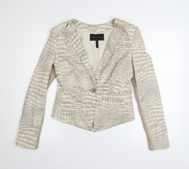 BCBGMAXAZRIA Women's Beige Croc Print Cotton Blend Blazer Jacket Size S